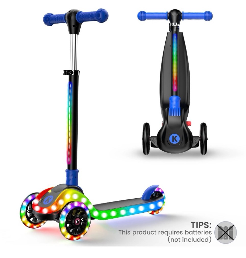 kidscoter 3 wheel with led lights, adjustable height foldable scooter for boys girls ages 3-12,light-up handlebars & deck,130lbs weight limit,gift for