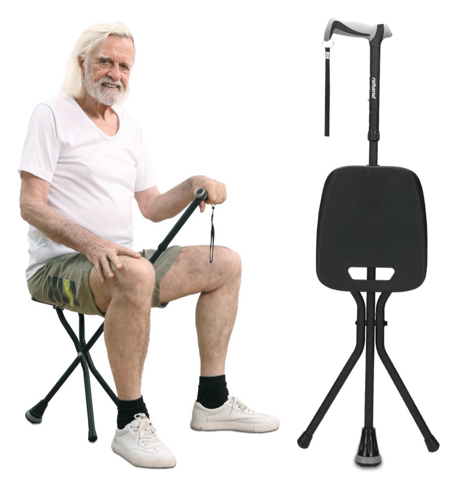 rehand folding adjustable walking cane with rubber feet, lightweight aluminum stick with seat, black