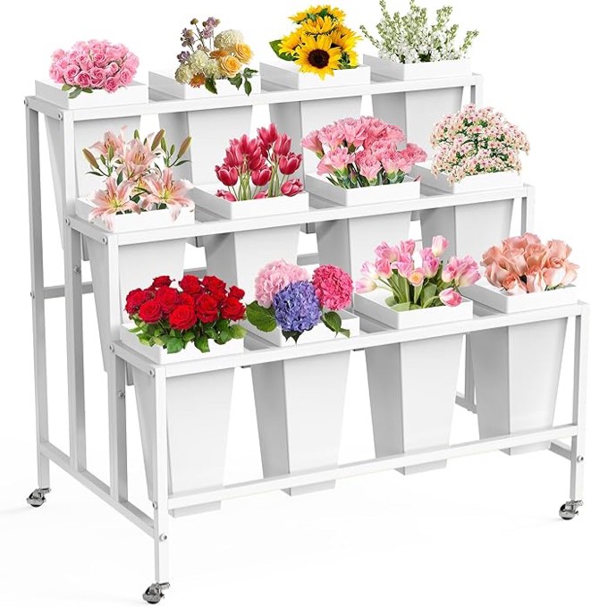 flower display stand with 12 buckets 3 layers flower cart white metal flower bar stand with wheels moving florist bouquet shelf for indoor outdoor