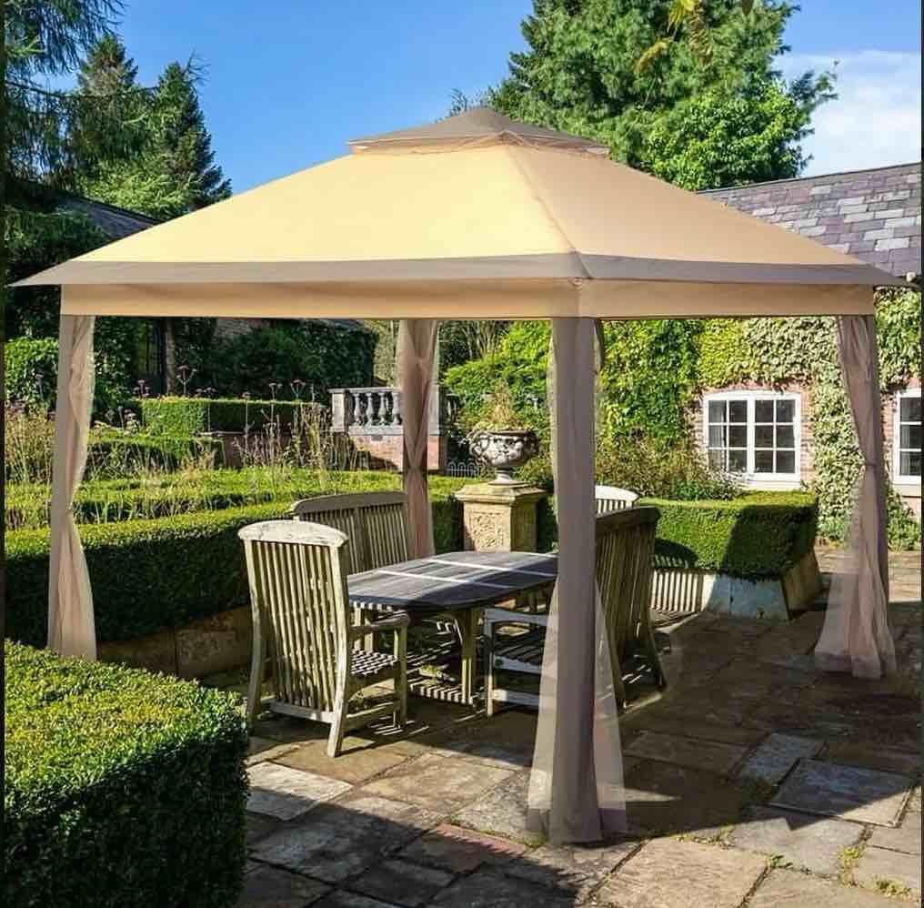 ainfox 11x11 ft outdoor patio pop up canopy gazebo with heavy duty frame  mosquito netting & uv protection tan