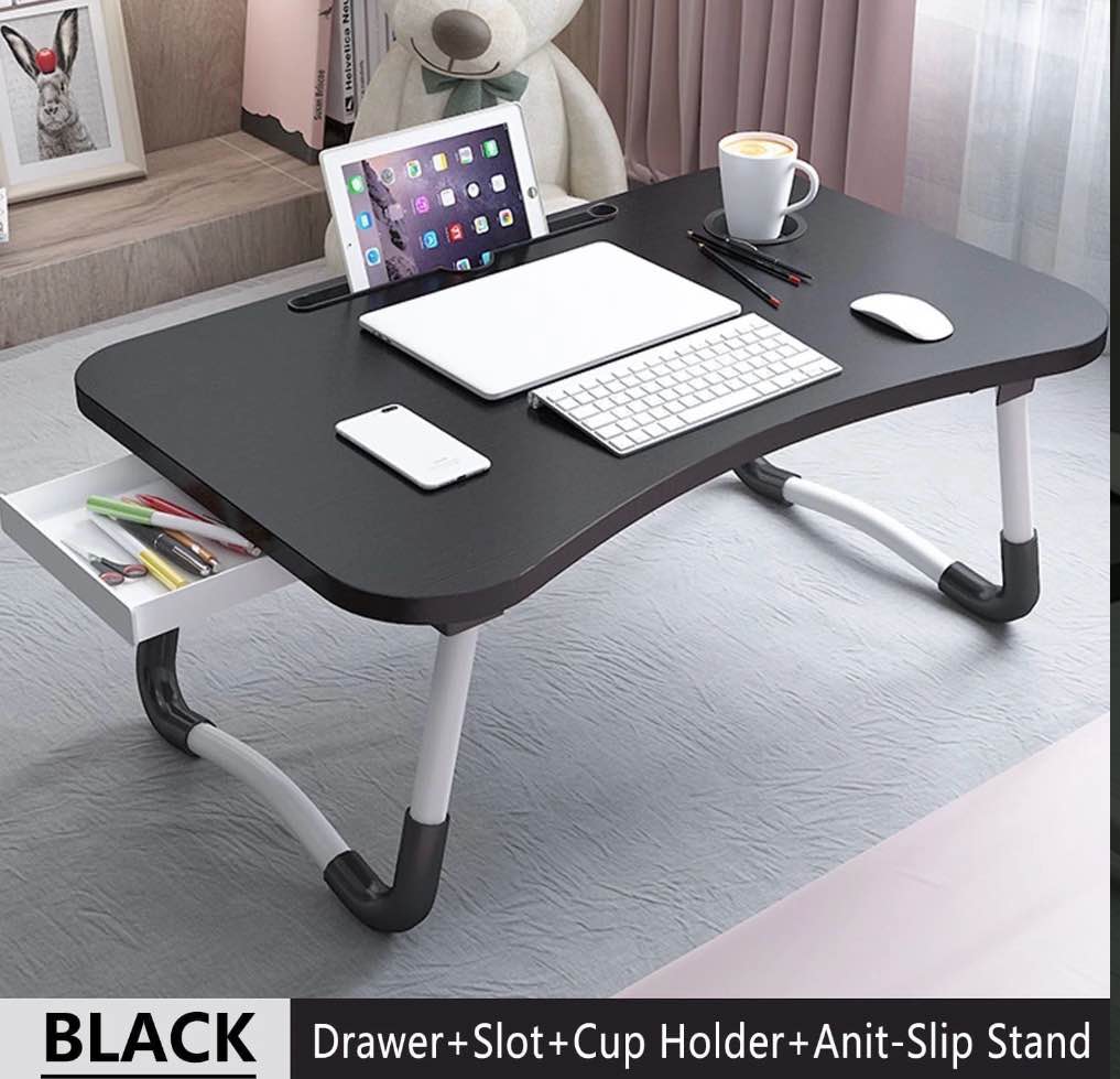 phancir foldable lap desk 23.6 inch portable wood laptop desk table workspace organizer bed tray with ipad slots cup holder and drawer anti-slip for working reading writing eating watching-black