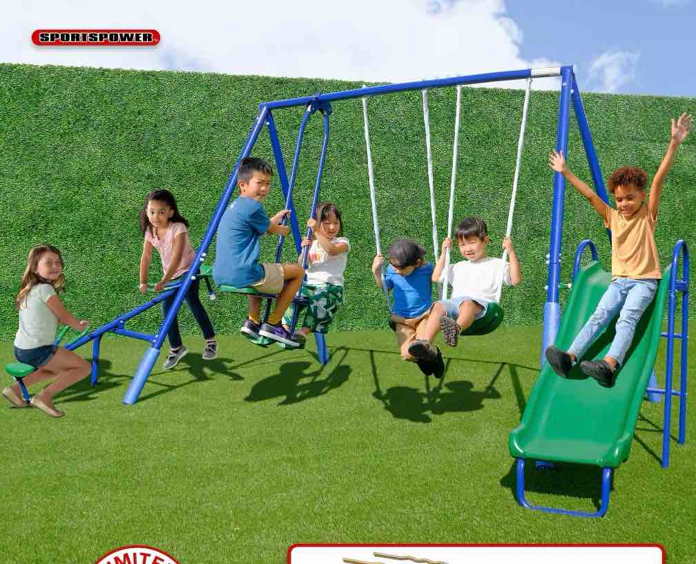 Sportspower Super Swing and Glide Metal Swing Set with 2 Person Glider Swing  Teeter Totter  2 Blow Molded Swing Seats  and 5  Double Wall Slide with Lifetime Warranty
