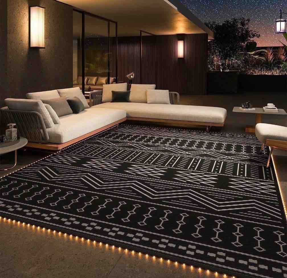 sixhome outdoor rug with led strip lights 8 x10 waterproof patio rug reversible indoor outdoor rug lightweight plastic straw rug for rv camping deck balcony boho porch decor dark grey and white