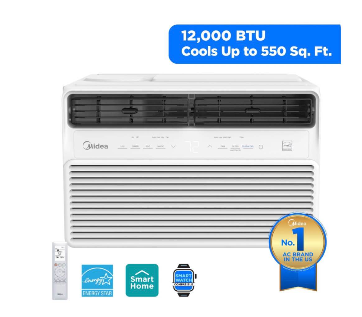midea 12 000 btu window air conditioner  smart inverter  cools up to 550 sq ft  wi-fi and alexa  white