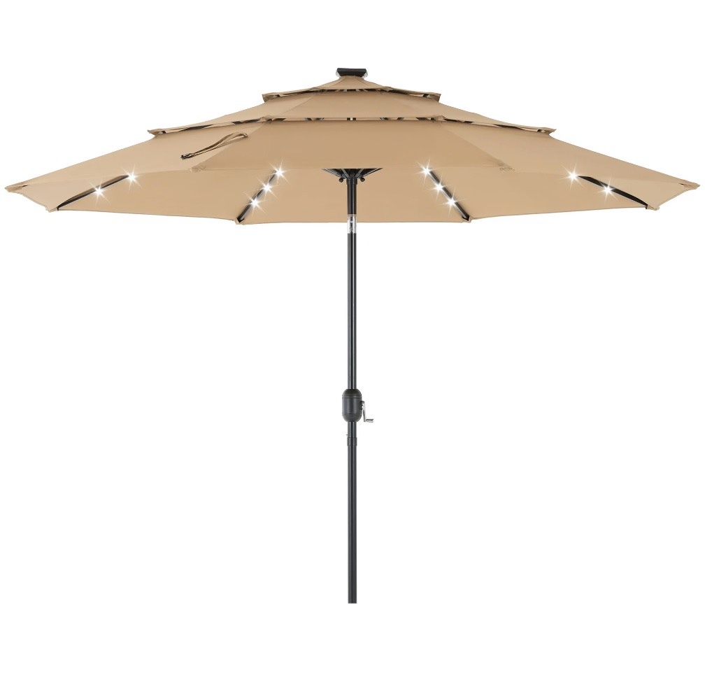 edx 10ft 3-tier solar led patio umbrella with tilt adjustment and uv-resistant polyester fabric, outdoor market umbrella, khaki