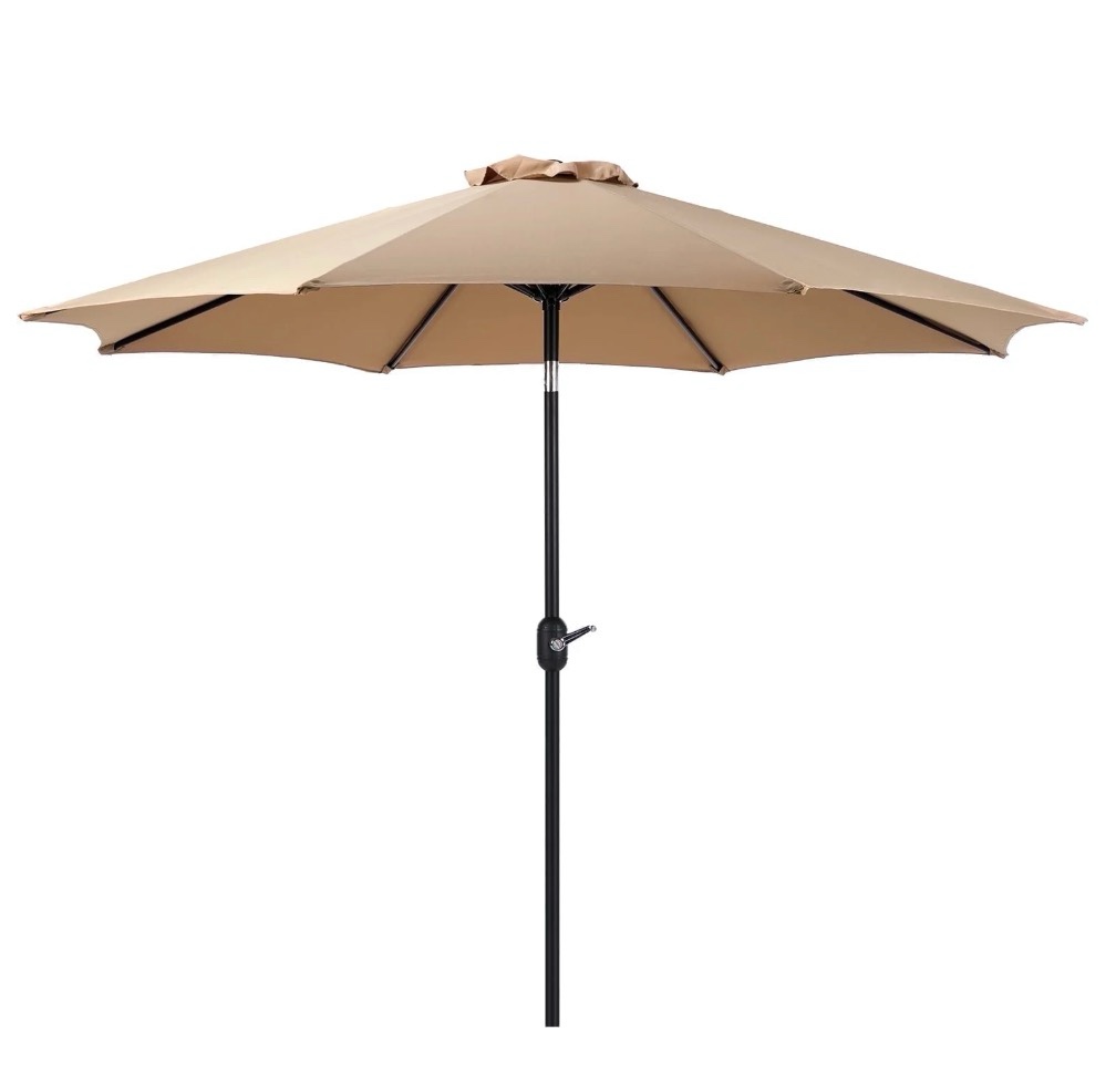 edx 9ft outdoor patio umbrella with push button tilt and crank handle, market umbrella with 8 sturdy umbrella ribs, uv protection, waterproof, khaki