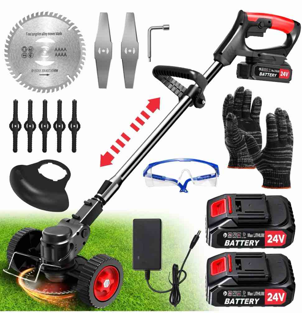 tntants electric weed wacker  cordless string trimmer with wheels  2pcs 24v batteries  3 types of blades  adjustable length  weed eater grass trimmer/edger/brush cutter for lawn yard garden (black)