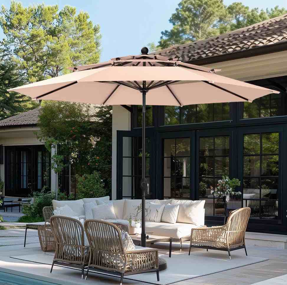 Summit Living 10ft Patio Umbrella 3-Tier Vented Outdoor Market Table Umbrella with Auto-Tilt – Beige