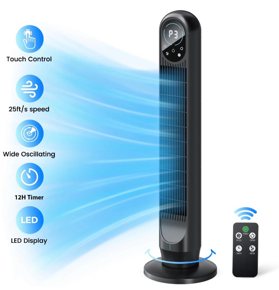 Tower Fan with Remote 31 Bladeless Floor Fans for Home 4 Modes & 4 Speeds 12H Timer LED Display 80° Oscillating Wide Cooling for Bedroom Office