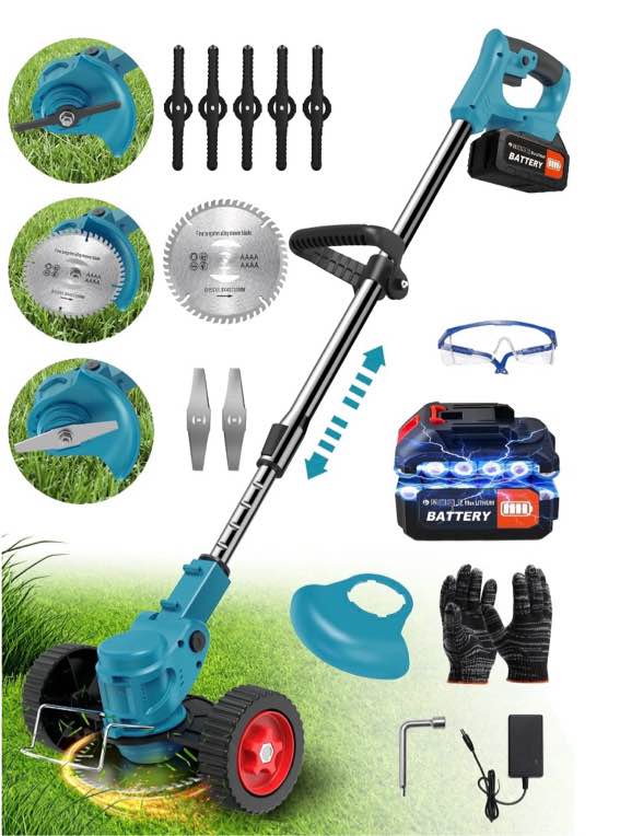 TNTANTS Weed Wacker Cordless, 3-in-1 Lightweight Electric String Trimmer with 3 Types of Blades, Wheels, 24V Battery, Weed Eater Grass Trimmer/Edger/Brush Cutter for Lawn Yard Garden (Blue)