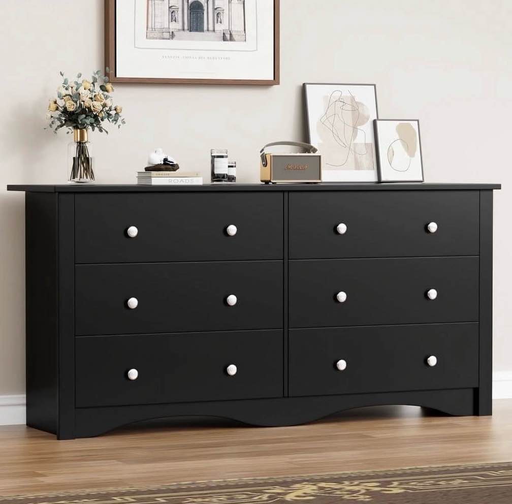 Vineego Rustic Modern Chest of 6 Drawers,Extra Wide Double Dresser for Master Bedroom or Nursery Storage,Black