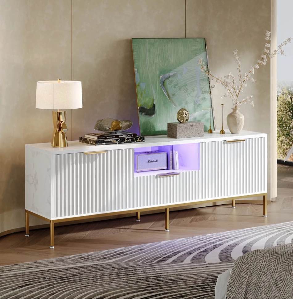 Bestier 55" LED TV Stand for TVs up to 60" Modern High Gloss Entertainment Center with Drawers Cabinets Fluted TV Console, White Marble & Gold