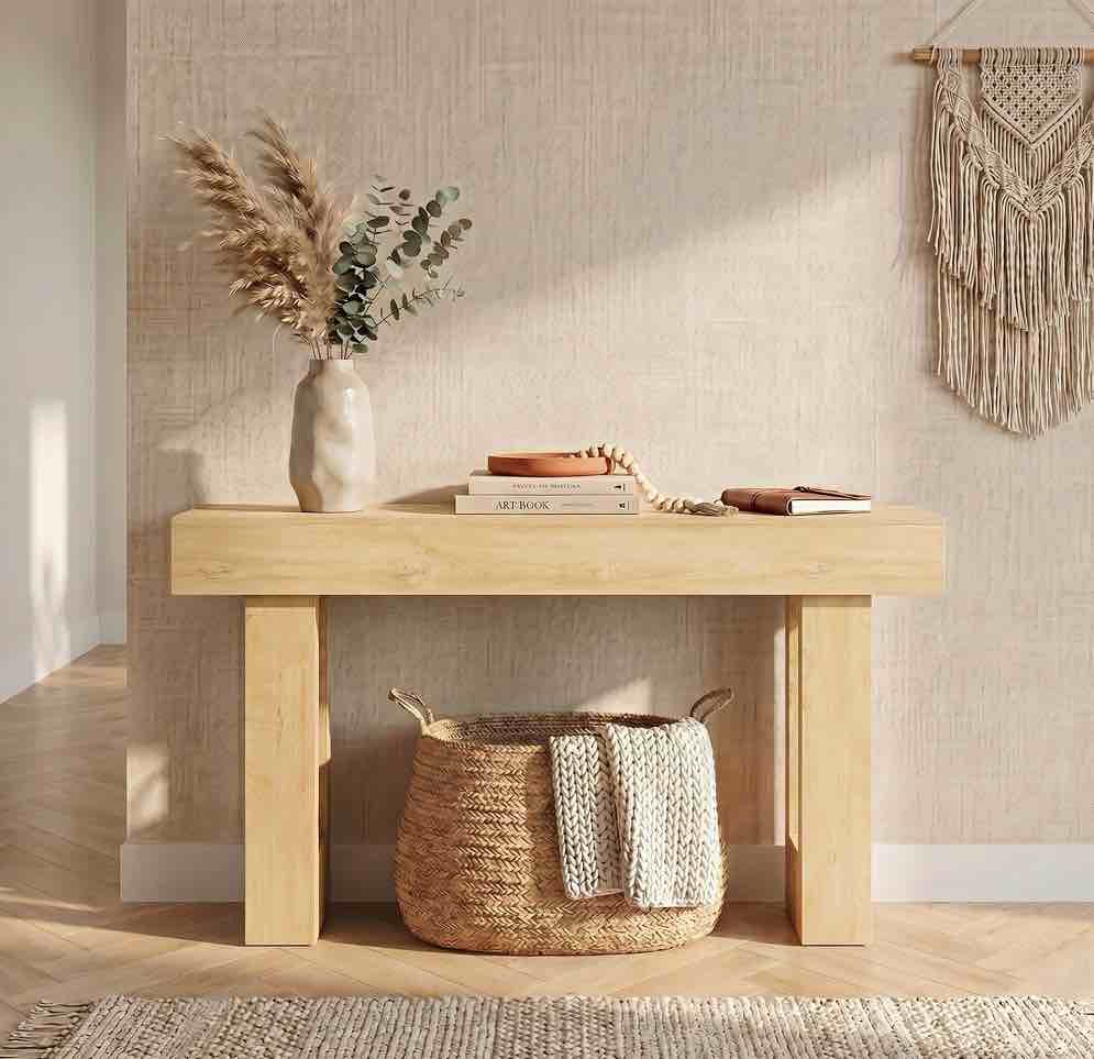 EDX 63 inch Solid Wood Farmhouse Console - Rectangular Sofa Back Design, Multi-Purpose Storage for Entryway Hallway Living Room, Natural