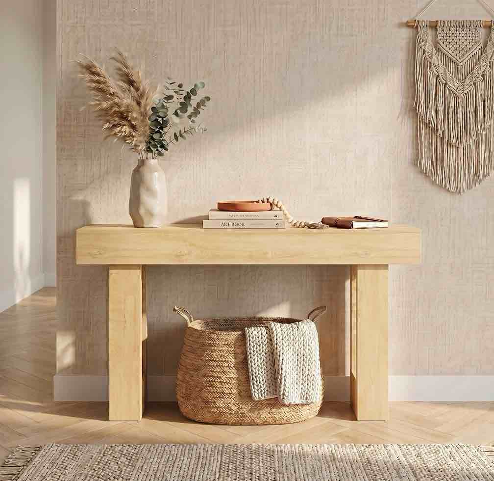 EDX 63 inch Solid Wood Farmhouse Console - Rectangular Sofa Back Design, Multi-Purpose Storage for Entryway Hallway Living Room, Natural