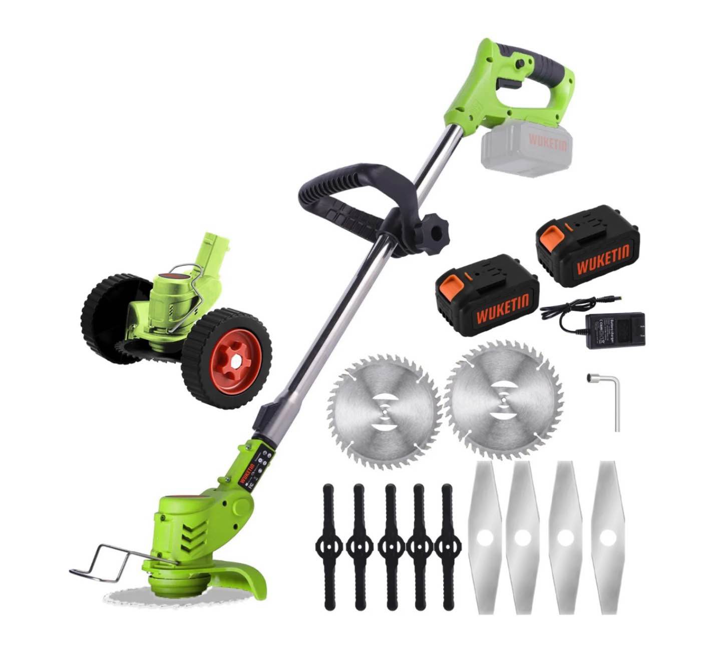WUKETIN Cordless Grass String Trimmer  Electric Weed Eater  21V Lawn Edger with 2Pcs Battery  Wheel  11 Blades