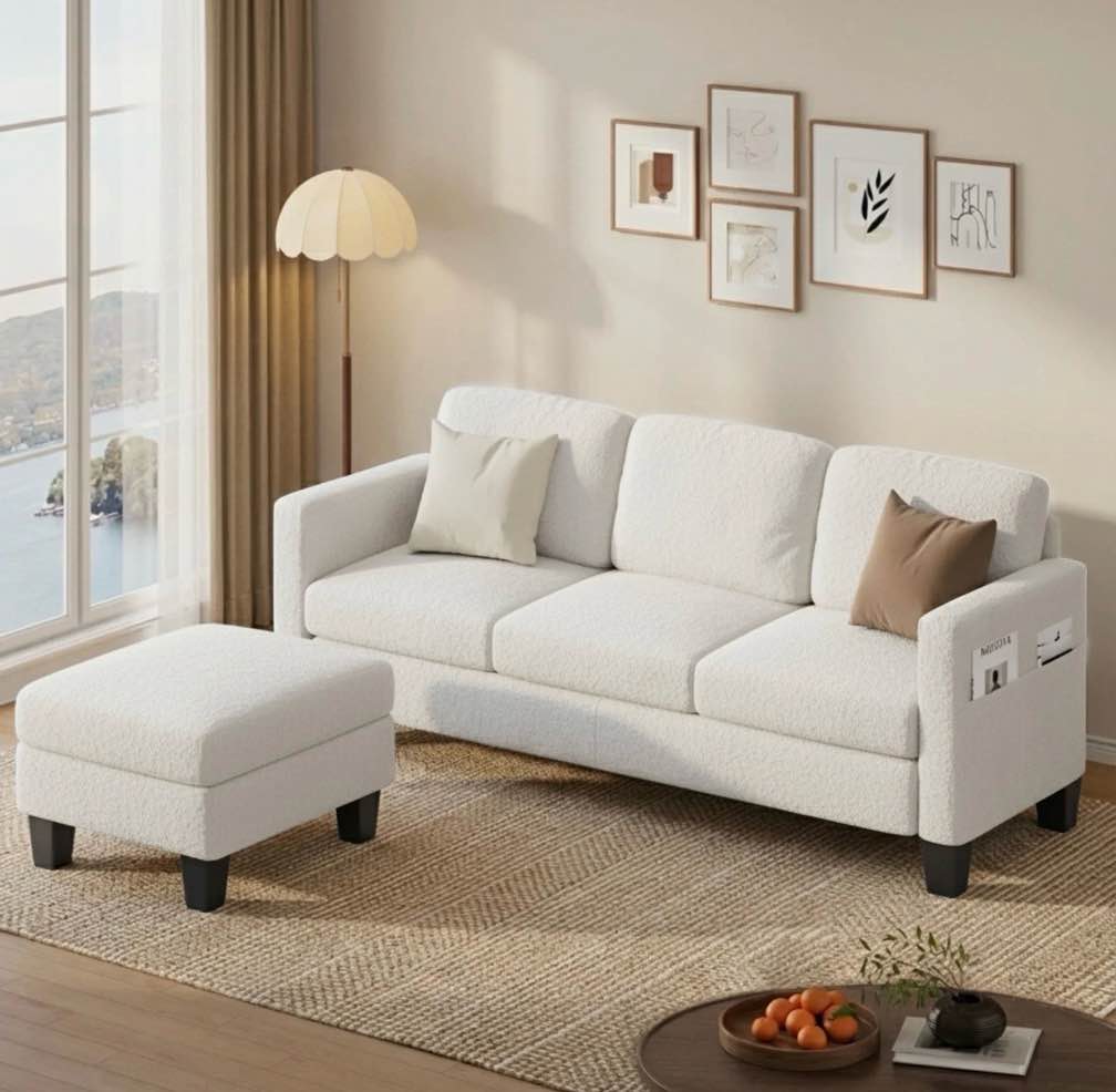 Pinmoco L-Shaped Sectional Sofa Couch for Living Room, 3 Seat Teddy Fabric Convertible Modular Sofa with Movable Storage Ottoman and Side Pockets for Apartment and Small Space, Off White