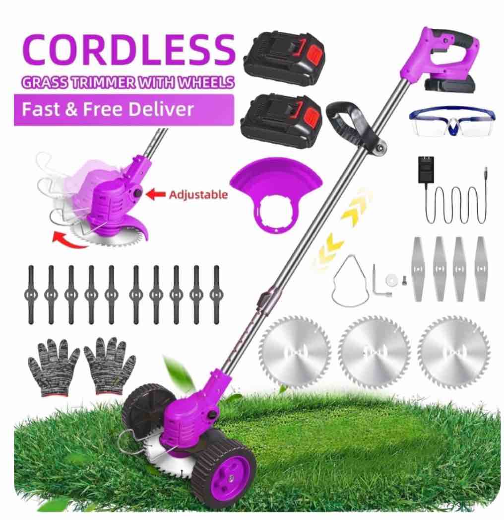 The Latest Small Portable Cordless Electric Lawn Mower/Lawn Cutter with 2 High-Capacity Lithium Batteries And 3 Types of Blades, Many Gifts, Multi-Function Weed Cutter for Yard and Garden(Purple)