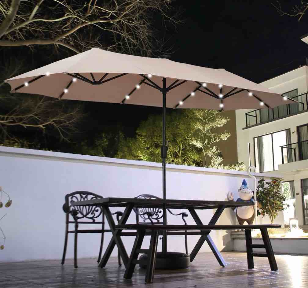 Autlaycil 13ft Solar Patio Umbrella with 36 Solar Powered LED Lights and Crank System for Garden  Deck  Poolside  Outdoor - Beige