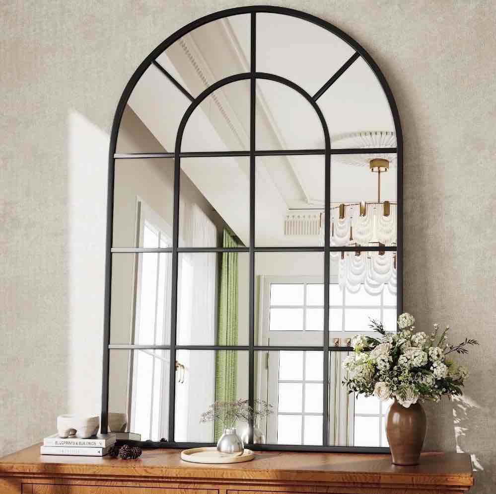 Beautypeak 36" X 24" Arched Windowpane Mirror Decor Wall Mirror, Black 24"W X 36"H