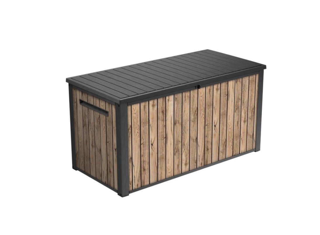 Keter Signature Collection 170 Gallon Resin Deck Box Organization and Storage Box for Patio Outdoor Cushions, Throw Pillows, Garden Tools and Pool Supplies, Pine