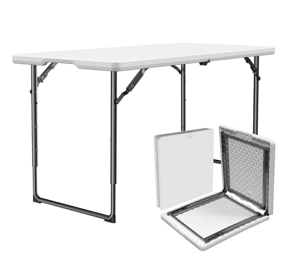 WASUHE Folding Table 4 FT Lightweight Table, Plastic Rectangular Indoor Outdoor Table Iron Legs Fold-in-Half, Easy to Store, Perfect for Party, Dining, Wedding, Events, White