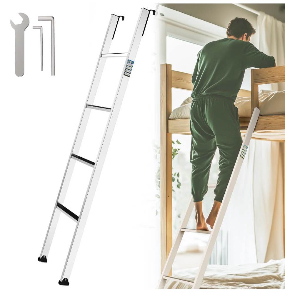 Pre-Assembled Bunk Ladder  Adjustable 3 Levels of Height  Aluminum RV Bunk Bed Ladder with 4 Anti-Slip Steps  Non-Slip Feet  2 Fixing Methods