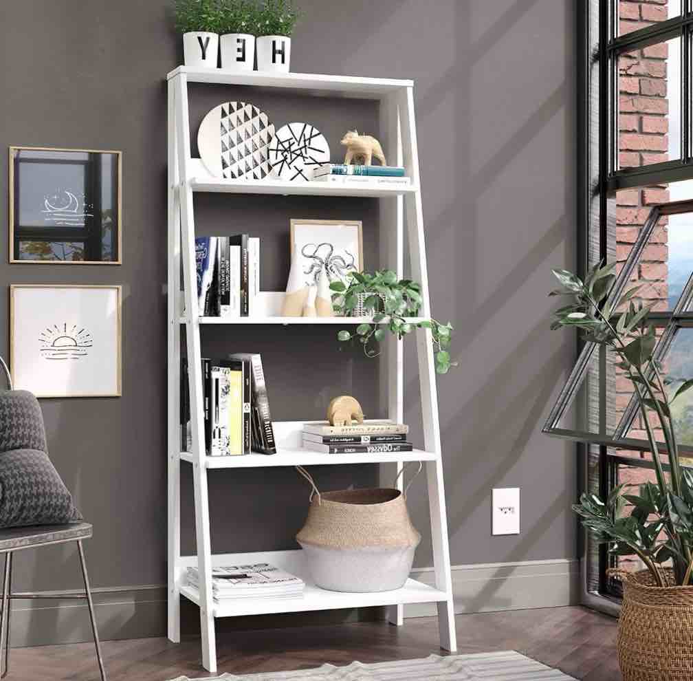 Madesa Modern 5-Tier Ladder Shelf Pantry Storage Space 24 Inch Wooden Free Standing Bookshelf Utility Shelves For Home Office Study Room And Kitchen -