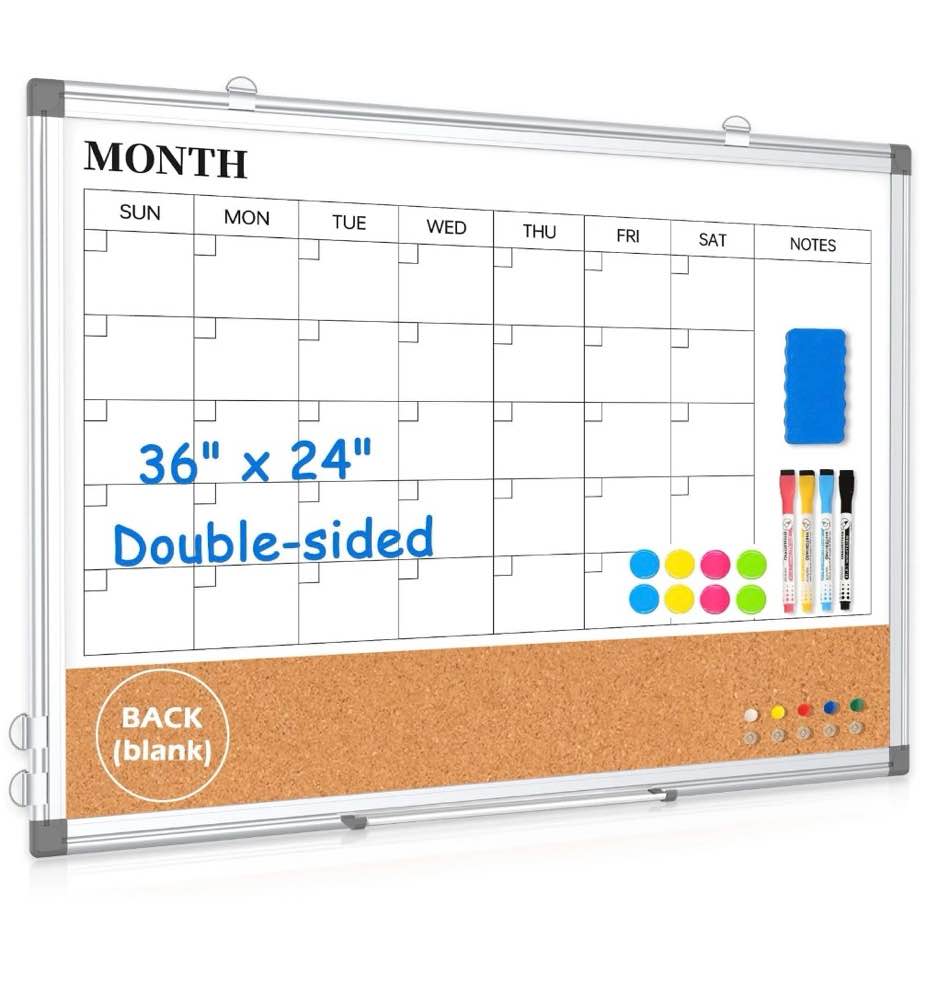 dollar boss large dry erase board combination cork board for wall for wall  36  x 24  monthly calendar whiteboard magnetic double-sided white board for office  kitchen  planning  home  white frame