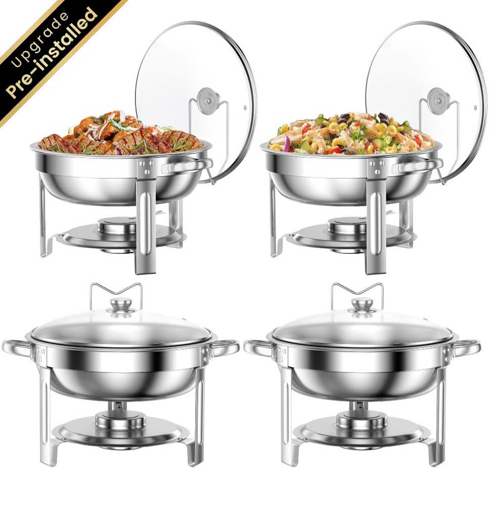 chafing dish buffet set 4 pack: tinana 5qt stainless steel chafing dishes for buffet with glass lid & lid holder round chafers and buffet warmers sets for parties events wedding camping dinner