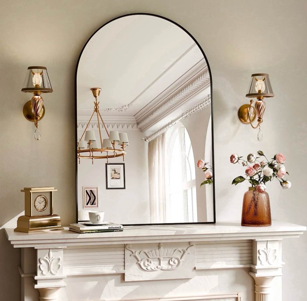 yvanla 36 x24 arched bathroom mirror wall mounted mirror with aluminum alloy frame black