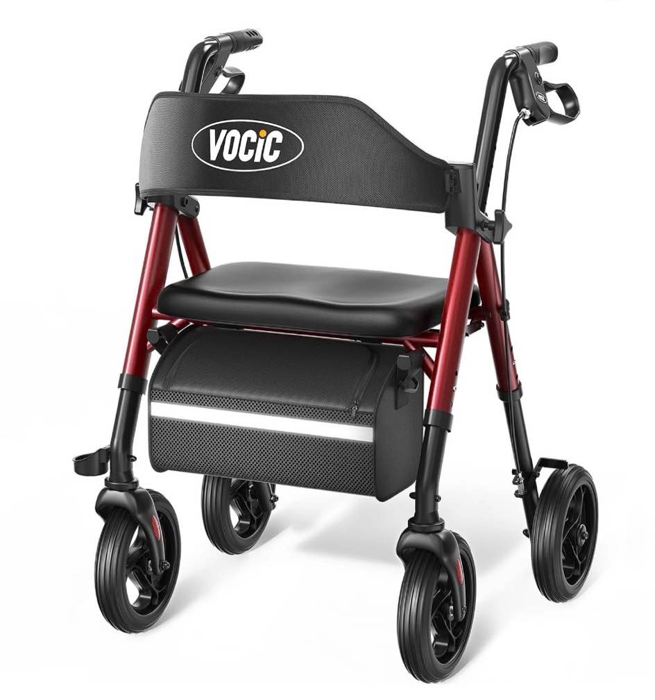 vocic walkers for seniors, heavy duty rollator walker with seat, 350lb capacity, red