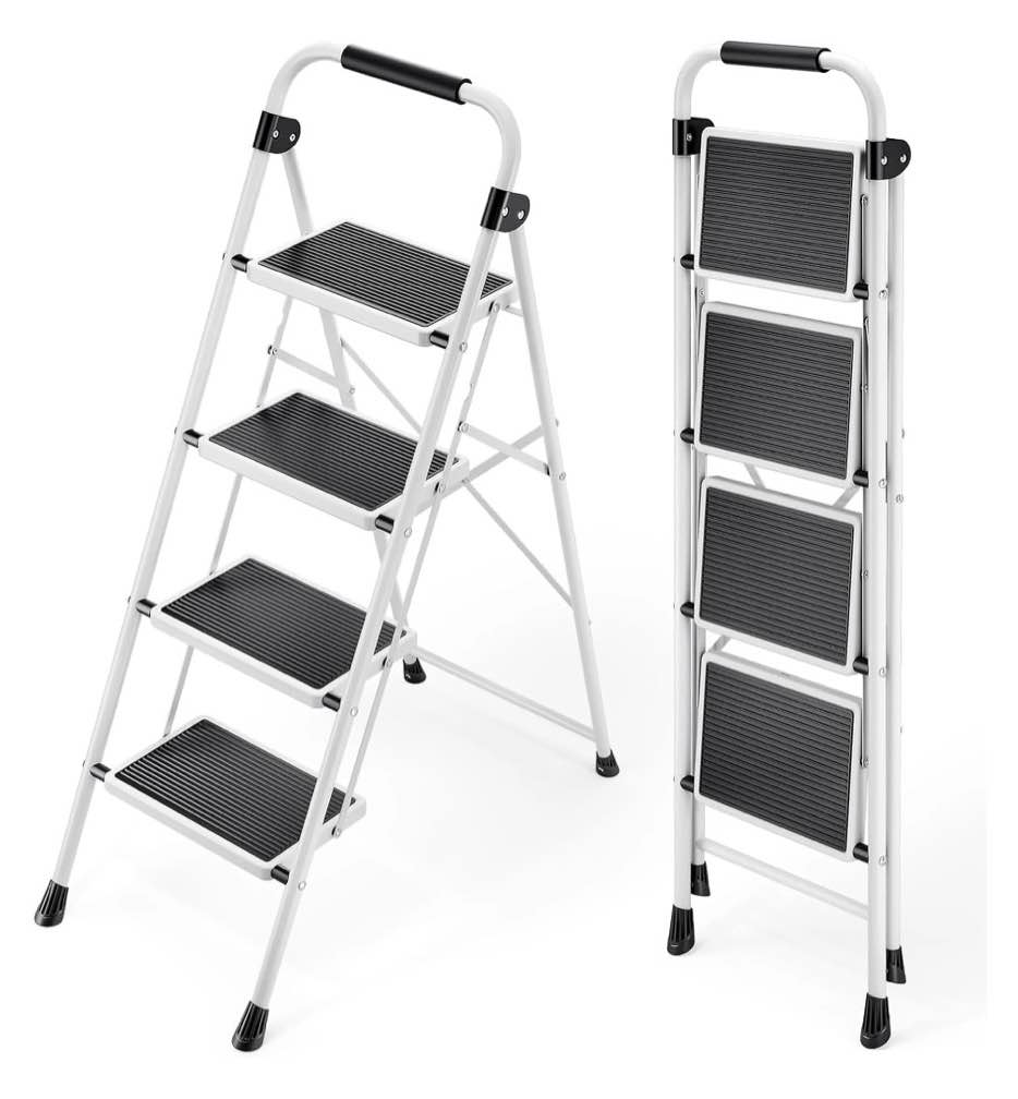 edx 4-step folding step stool for adults - 330 lbs capacity, sturdy steel frame, wide non-slip pedal & top handrail, lightweight portable ladder for home kitchen, black