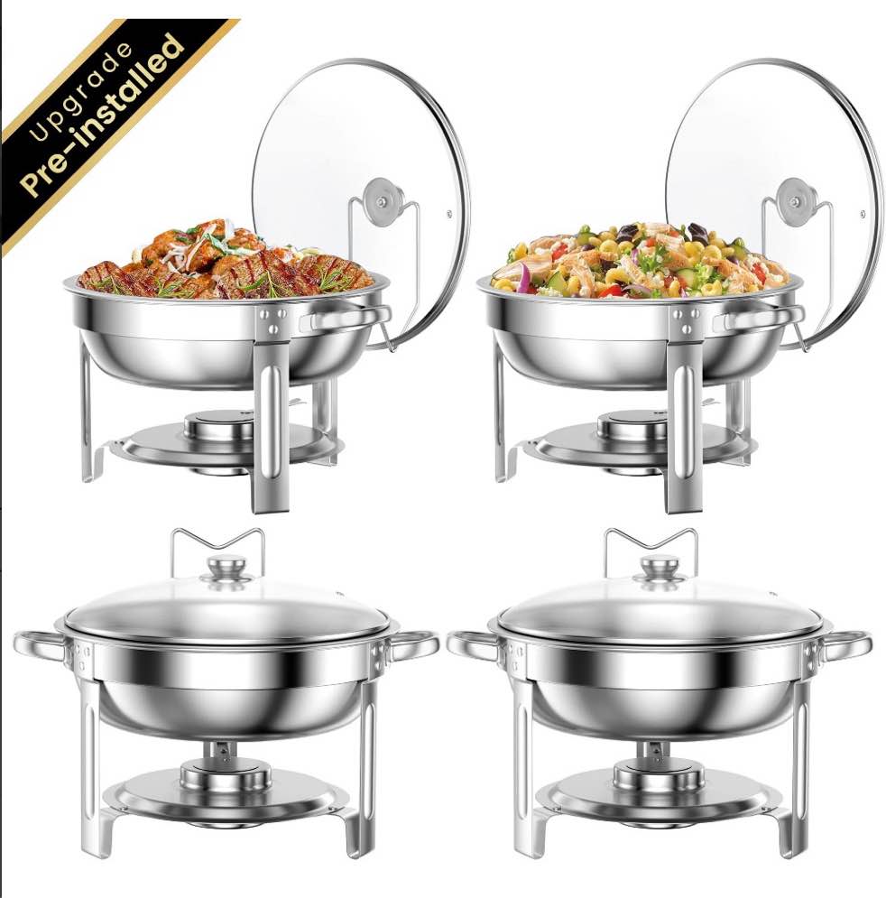chafing dish buffet set 4 pack: tinana 5qt stainless steel chafing dishes for buffet with glass lid & lid holder round chafers and buffet warmers sets for parties events wedding camping dinner