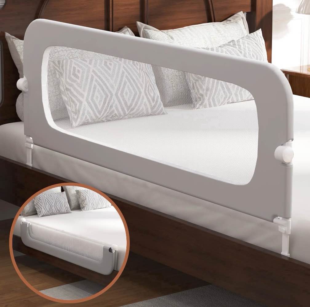 vikua 69 inch baby bed rail, height adjustable safety guardrail with one-button folding, fits full & queen mattresses (single piece)