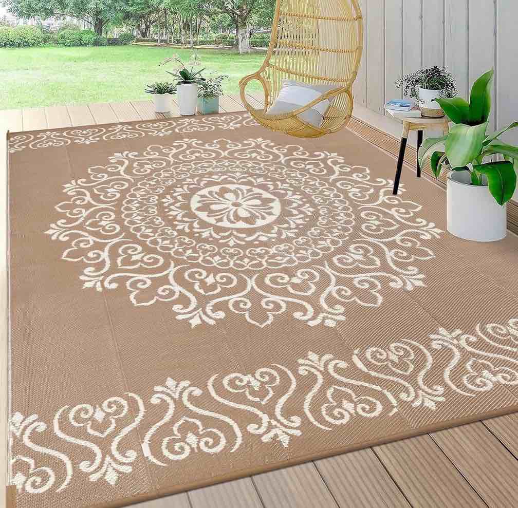 mjiaexp 9'x12' brown outdoor rug patio rug waterproof rv outdoor rug camping rugs reversible plastic straw rug large outdoor mat for camping, balcony apartment, patio, porch, picnic, beach