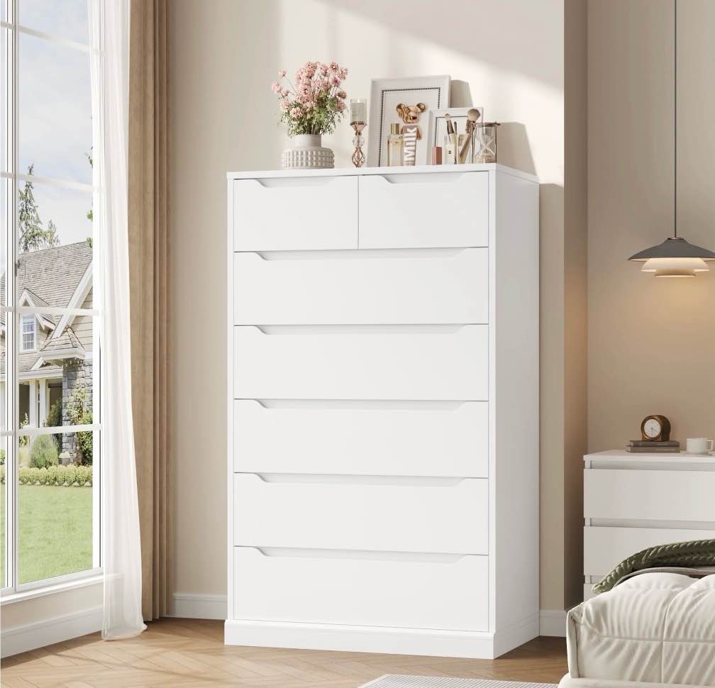 homfa 7 drawer white dresser, 51.3"h wood storage cabinet with upgraded stable base, vertical chest for bedroom living room