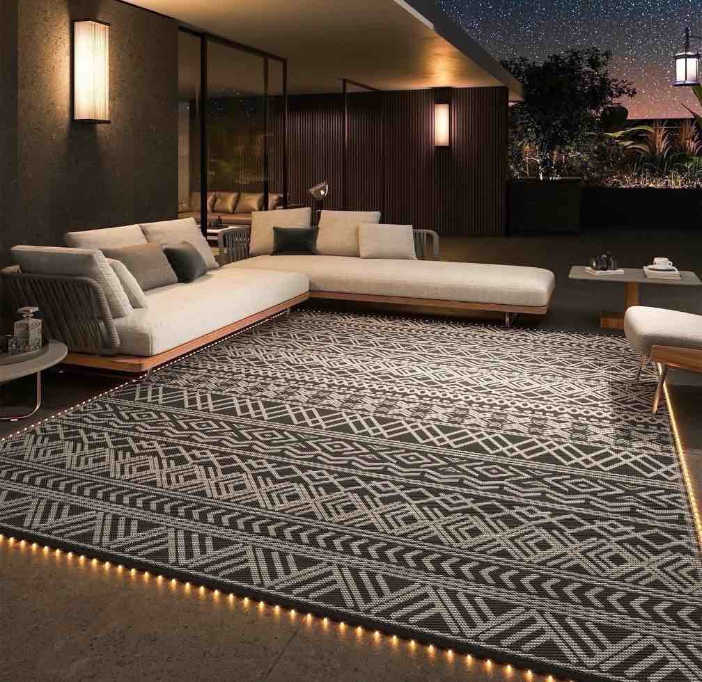 sixhome outdoor rug with led strip lights 10 x14 waterproof reversible patio rug boho geometric indoor outdoor rugs lightweight plastic straw rug for rv camping deck balcony modern porch decor black