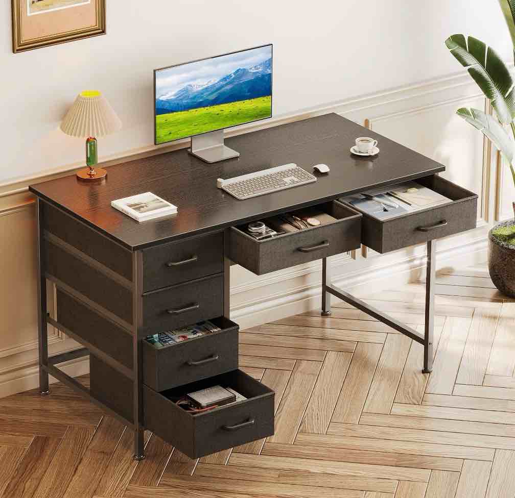 casacomoda 40" home office desk with 6 drawers, modern computer desk with small space, corner computer desk, black