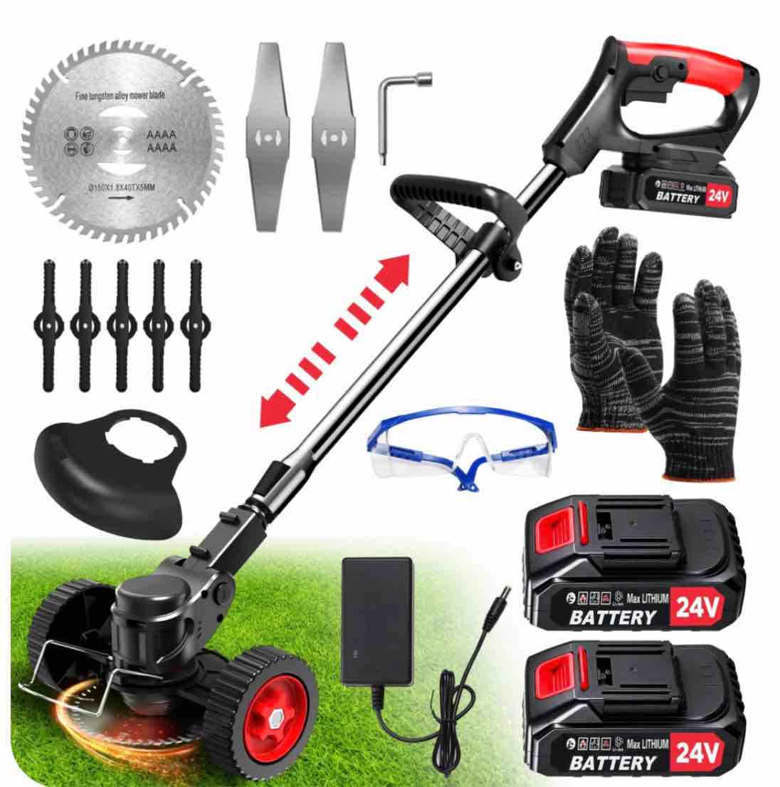 tntants electric weed wacker cordless string trimmer with wheels 2pcs 24v batteries 3 types of blades adjustable length weed eater grass trimmer/edger/brush cutter for lawn yard garden (black)