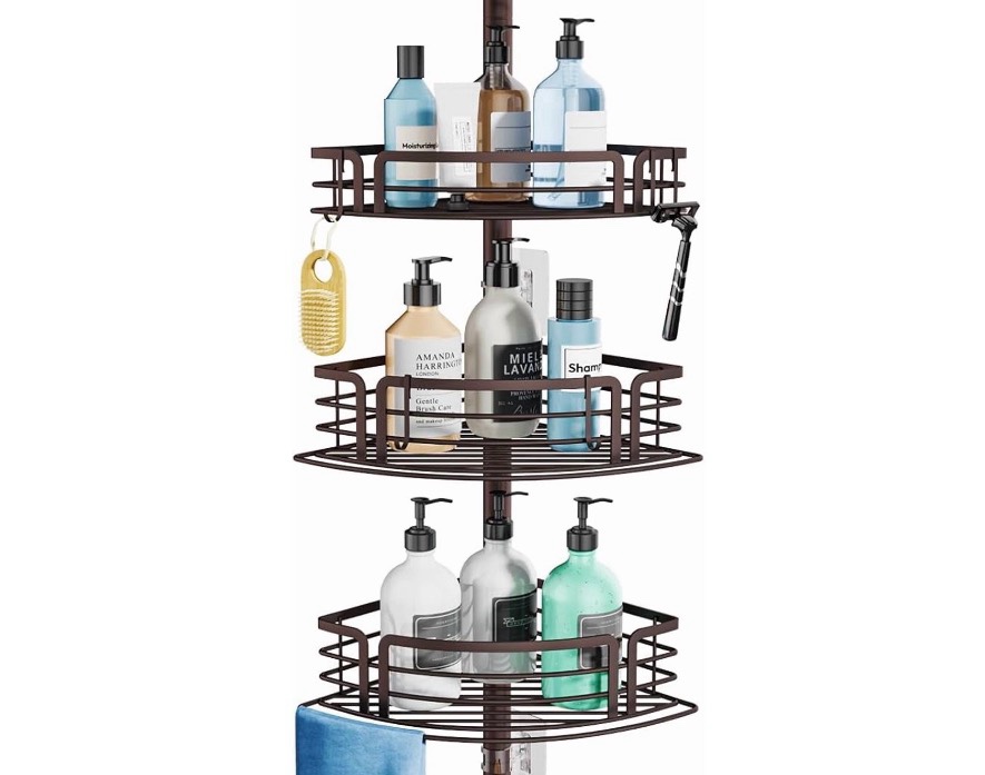 corner shower caddy tension pole - 3 shelves adjustable bath organizer for bathroom storage, bronze