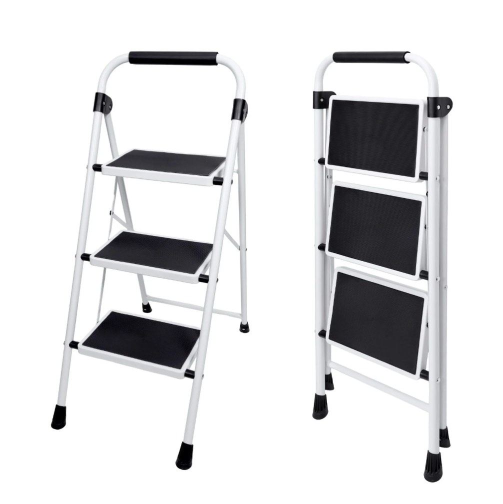 concetta 36 inch iron stepstool, 3 folding stepstool with non-slip pedals and comfortable handrails, sturdy steel ladder portable heavy duty stepstool for kitchen, garage and outdoor use, black