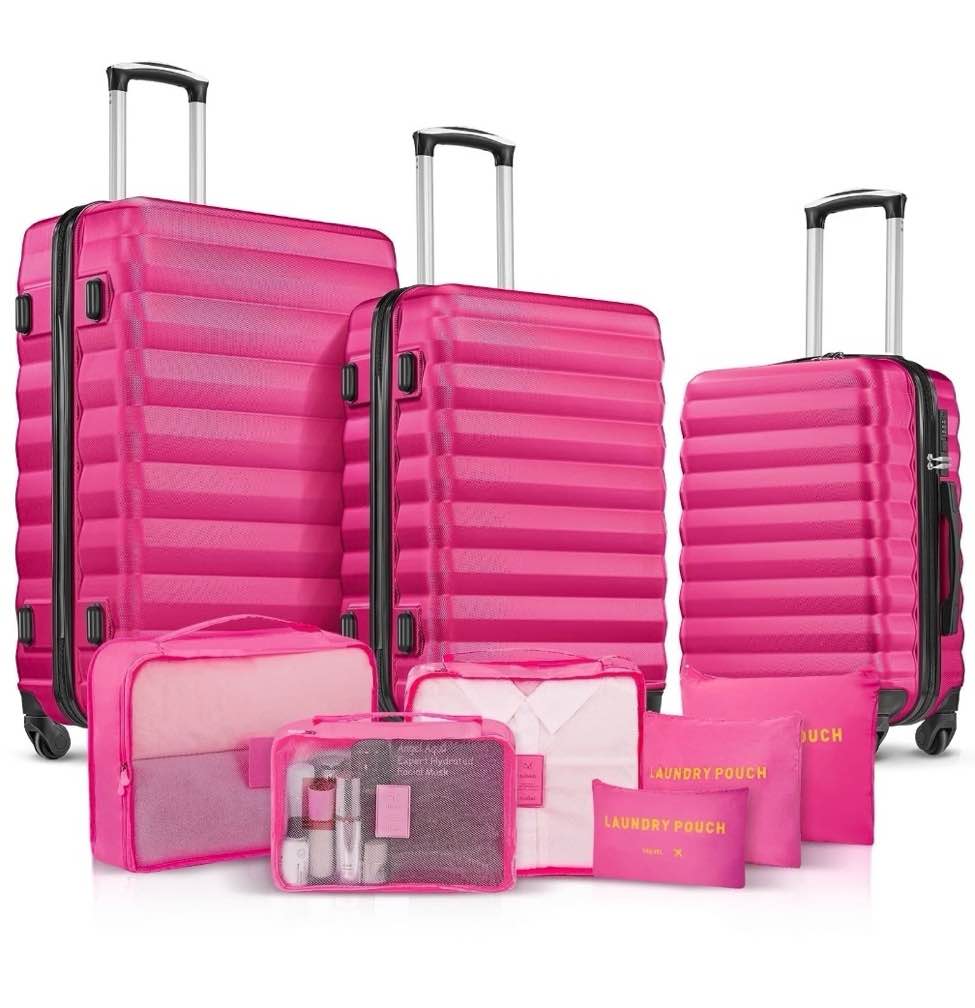 9 piece luggage sets hard 20 24 28 inch luggage with 6 pieces organize bags travel suitcases sets with wheels rose