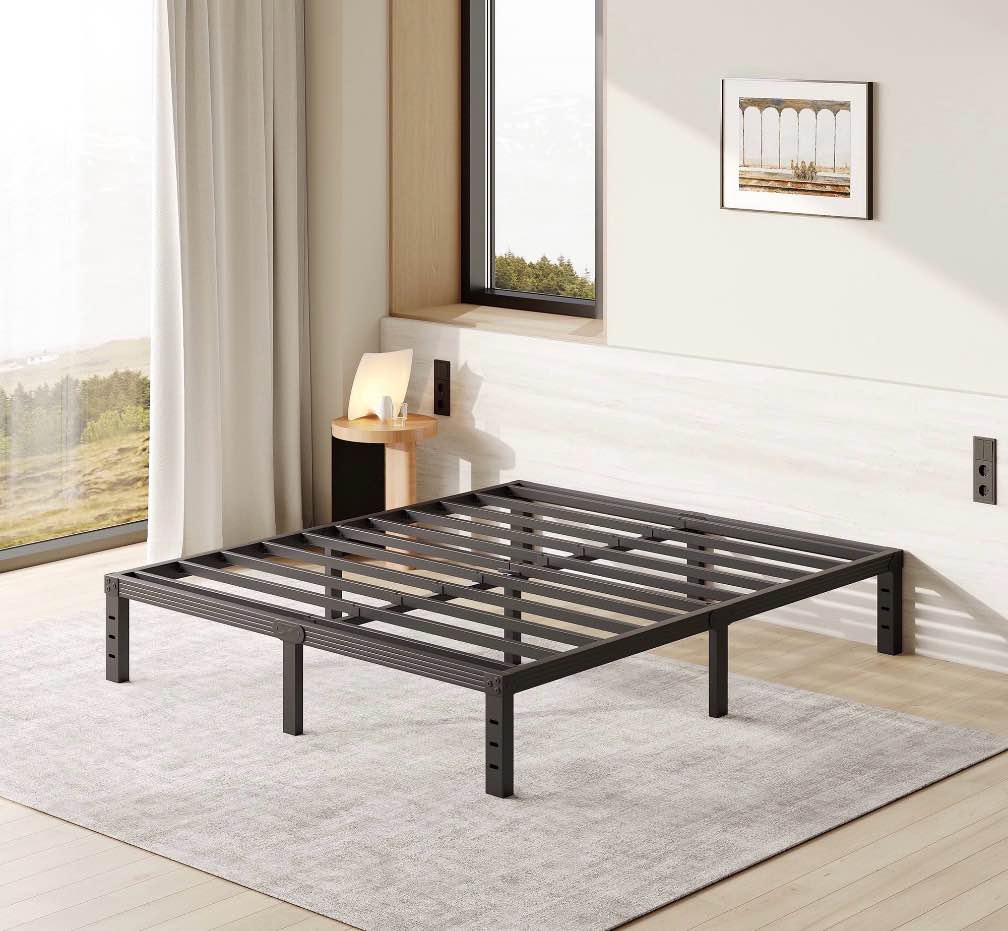 fschos 12 inch queen size bed frame, heavy duty metal platform, no box spring needed, easy assembly, black
