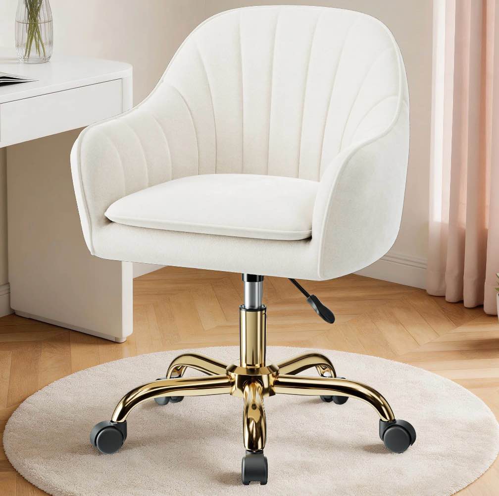 coolhut office desk chair with padded, velvet vanity chair with back and wheels, comfy home office chiar with gold legs, height adjustable, rolling chair for vanity room, makeup room, bedroom, beige