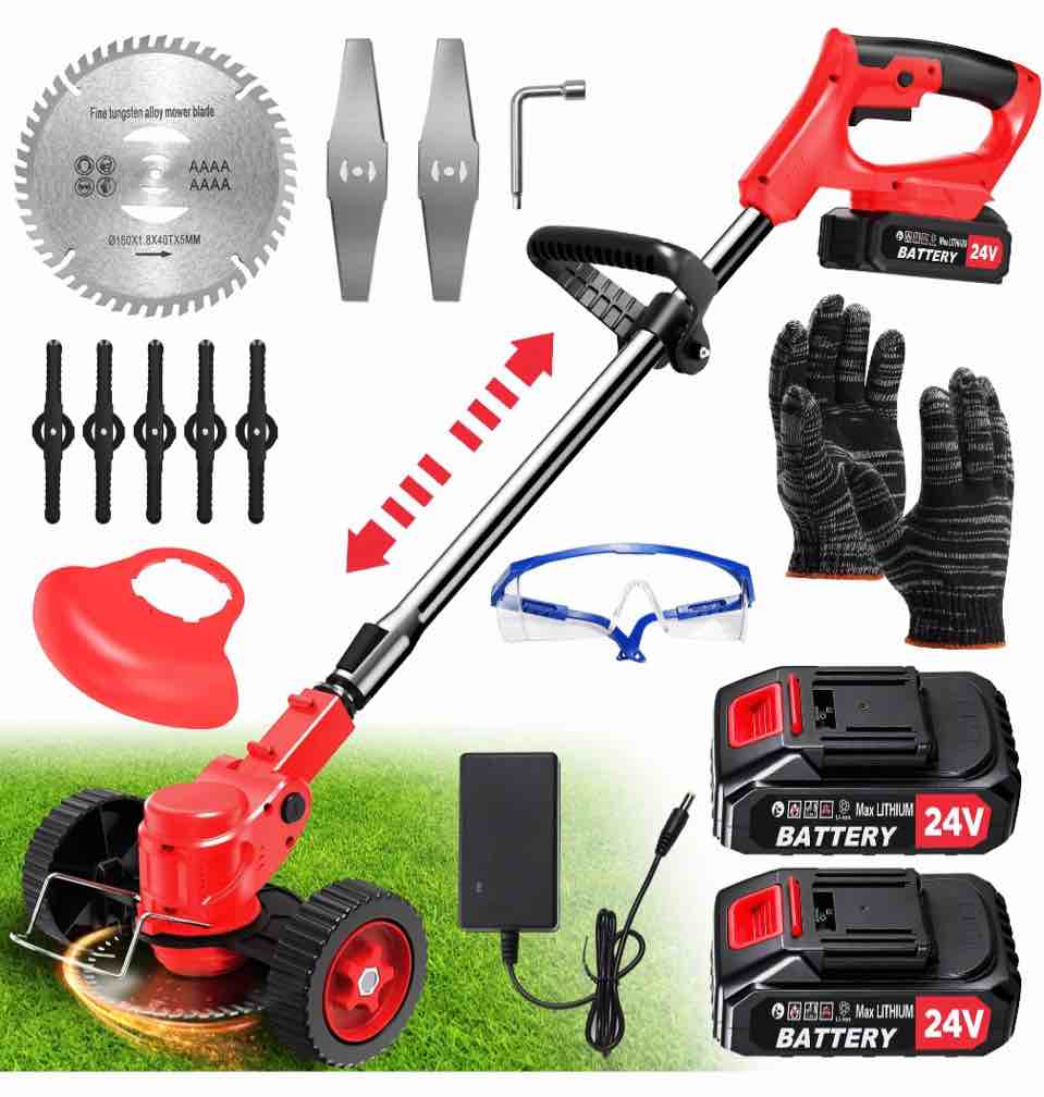 tntants electric weed wacker cordless string trimmer with wheels 2pcs 24v batteries 3 types of blades adjustable length weed eater grass trimmer/edger/brush cutter for lawn yard garden (red)