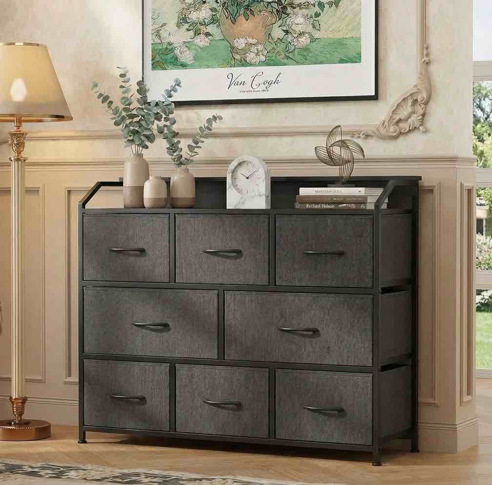 edx 8-drawer fabric dresser with power outlets & led light, multifunctional tv stand storage cabinet for bedroom, living room, office & hallway, gray