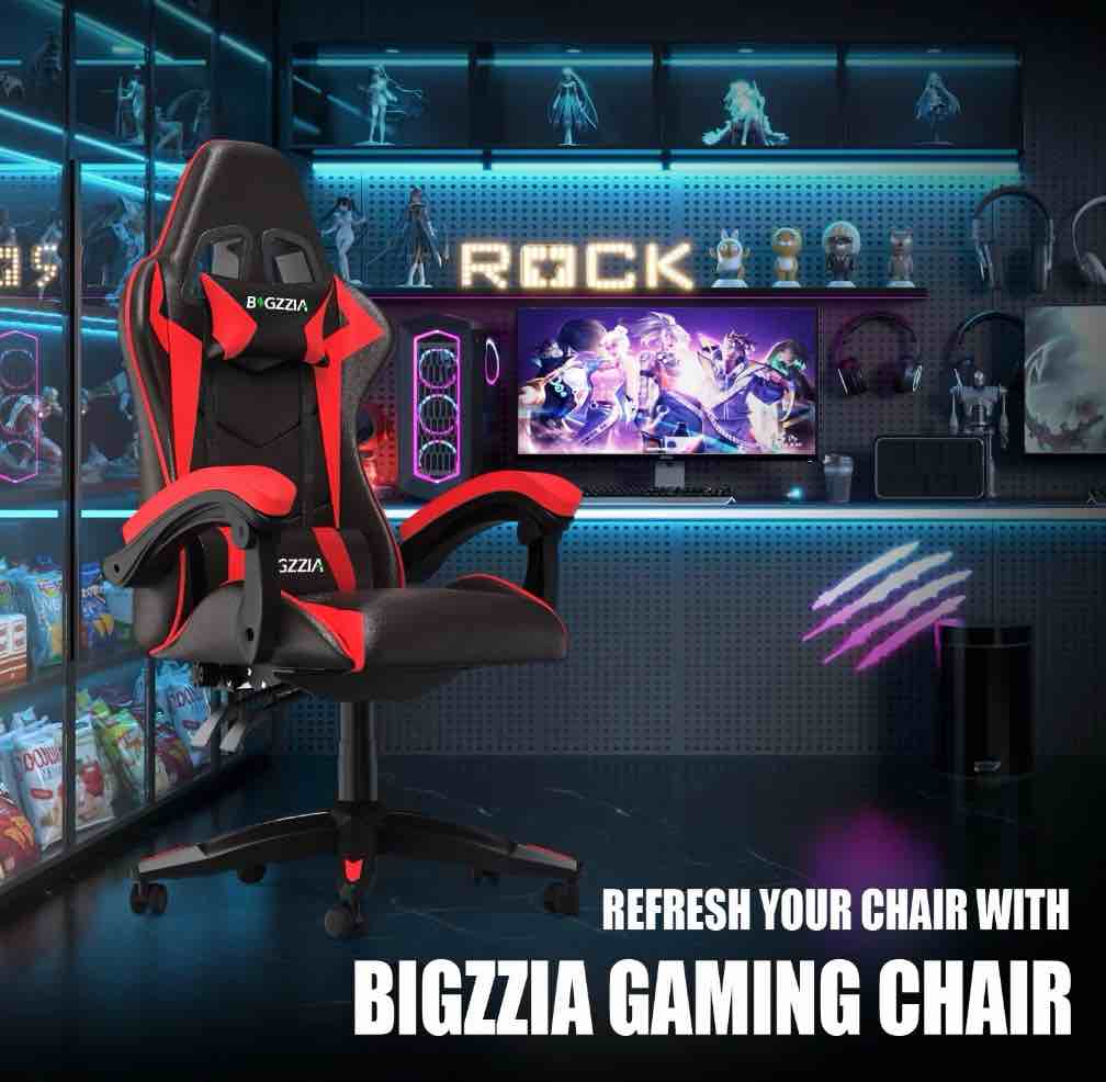 bigzzia gaming chair with adjustable headrest & lumbar support, height adjustable, red