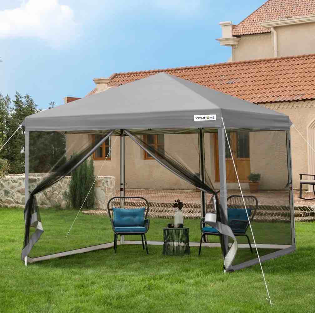 specstar 10'x 10' easy pop-up canopy with mesh netting, instant outdoor screened tent with mosquito netting, 2 zipper doors and roller bag for yard camping picnic party events, gray