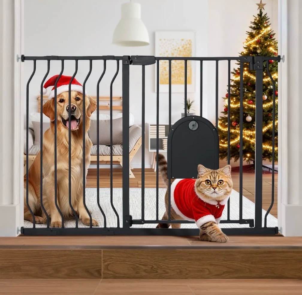 caveen 29.5-48.4" wide pet safety gate with cat door pressure mount, black