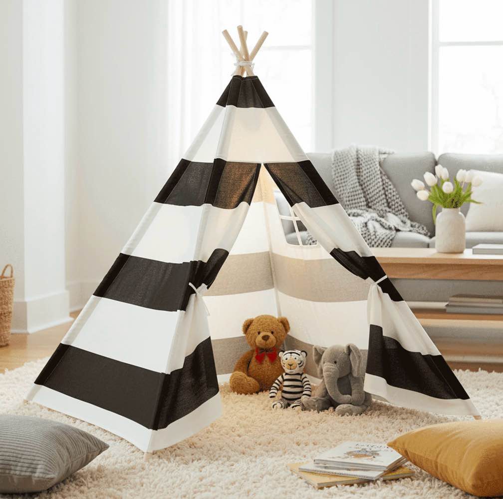 bigody teepee tent for kids, washable playhouse for indoor use, ideal play tent for girls and boys, stripe black